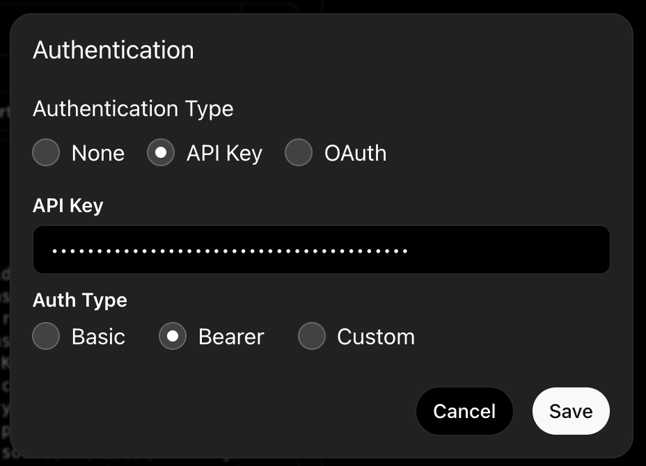 Authentication dialog: API Key + Bearer